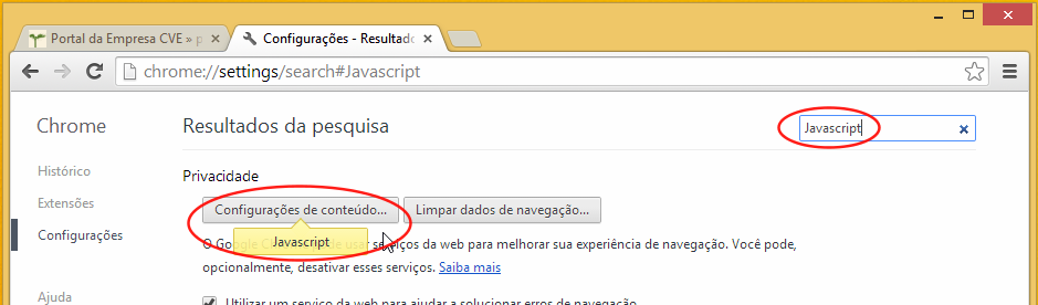 Pesquisar Javascipt nas configurações do Chrome