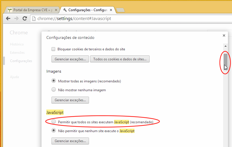 Abrir a gestão de exceções de Javascript